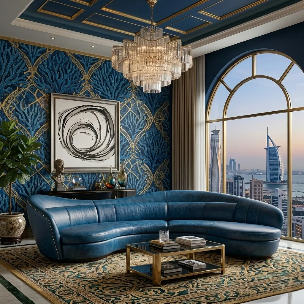 Curved Blue Leather Sofa Dubai